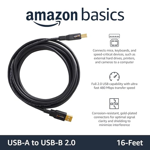Image of Amazon Basics USB-A to USB-B 2.0 Cable for Printer or External Hard Drive, Gold-Plated Connectors, 16 Foot, Black