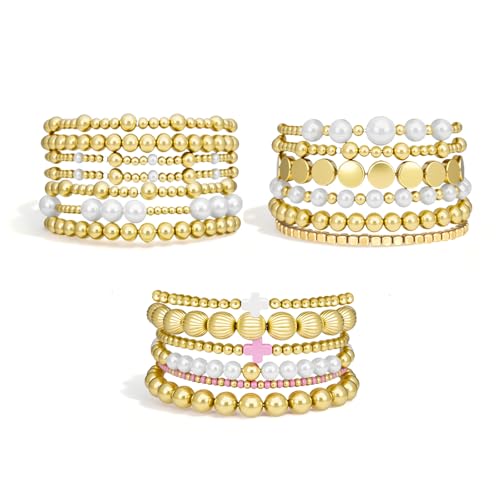Gold Beaded Bracelets Set for Women Stretch Elastic Stackable Bracelets