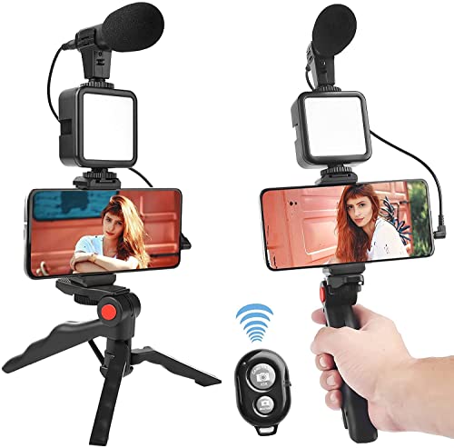 Camera Video Recording Vlogging Kit for Video Making, Mic, Mini Tripod Stand, LED Light & Phone Holder Clip for Making Videos Podcasting