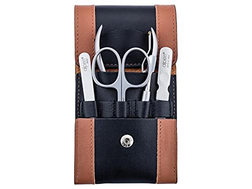 Alpen Maniküre-Set, 5-tlg, rostfrei, Hautschere, Nagelzange, Pinzette, Nagelschieber, Nagelfeile, schwarz-braunes Etui