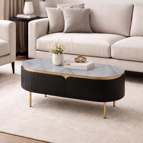 Image of The Attic Carlston Coffee Table for Living Room, Solid Wood Centre Table with Ceramic Top, Black Matte Finish, Oval Shape with Gold Accent