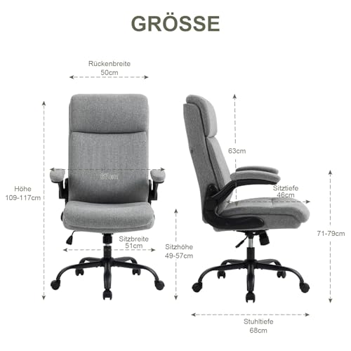 CASTLOVE Ergonomischer Bürostuhl - Schreibtischstuhl mit Rückenlehne - Hochklappbare Armlehne - Hohe Rückenlehne - Höhenverstellbar - Wippfunktion (Bürostuhl Stoff Grau Max. 150 kg)