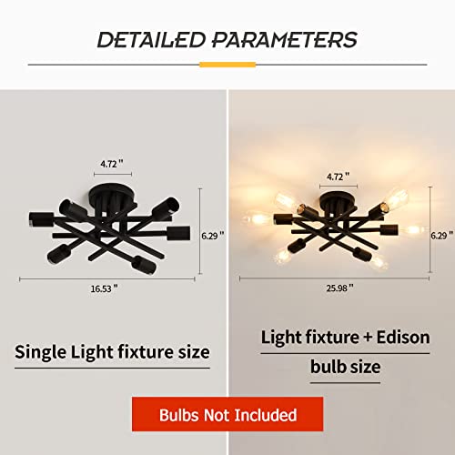 Image of ASGYISA Semi Flush Mount Modern Ceiling Light Fixture, 6 Lights Black Vintage Matte Sputnik Chandelier Ceiling Lamp with E26 Bulb Base for Farmhouse Dining Room Living Room Bedroom Study Kitchen