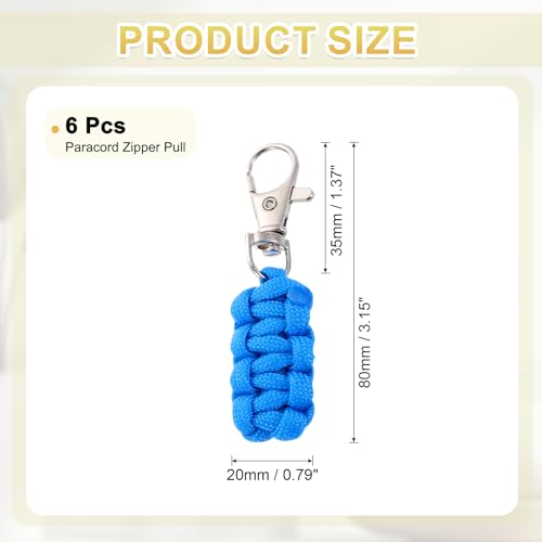 Image of YELARXI Paracord Zipper Pull Polyester Zipper Pulls Replacement Woven Rope with Metal Clasp, 80 mm Length Fit for Backpacks Clothing Luggage Accessories - Cylinder (6 Pack, Blue)