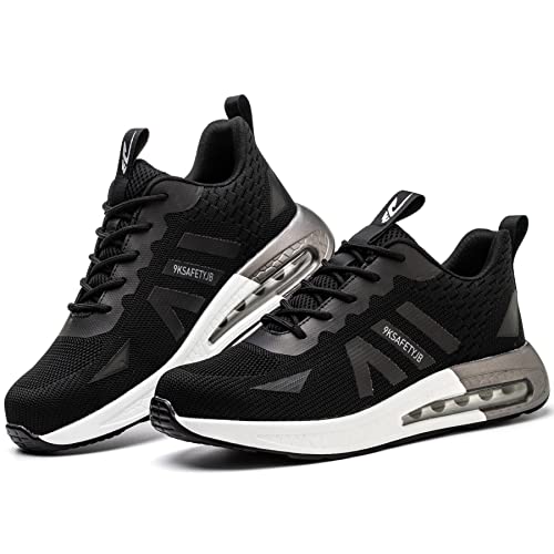 XUNRUO Safety Work Shoes for Mens Womens, Breathable Safety Steel Toe Athletic Sneakers, Lightweight Construction Carpenter Shoes 9192 Black 39