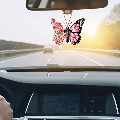 Butterfly Jesus Cross Hanging Ornament For Car, Christian Lover Religious Auto Rear View Mirror Accessories, Christmas Tree Charm, Flower Faith Vehicle Interior Pendant Decoration (Style D) #TOP4