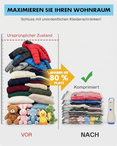 Vakuumbeutel für Kleidung mit Kabelloser Vakuumpumpe 16+2 Stück Platzsparend (6x50*40cm,6x60*40cm,4x60*50cm,2x30*40cm) Wasserdichte Wiederverwendbare für Reise, Kofferorganisation Aufbewahrung