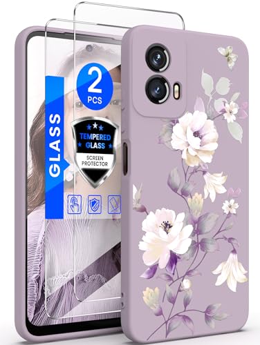 Yucenx for Motorola Moto G Play 2024 Case with 2X Tempered Glass Screen Protectors, Girls Women Florals Liquid Silicone Phone Case, Shockproof Anti-Scratch Soft Protection Case (Purple, CH)