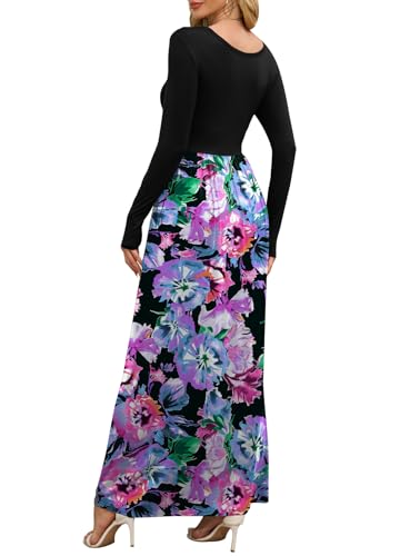 Image of DEARCASE Women's Maxi Dress Long Sleeve Crewneck Loose Plain Casual Empire Waist Fall Party Long Dresses with Pockets