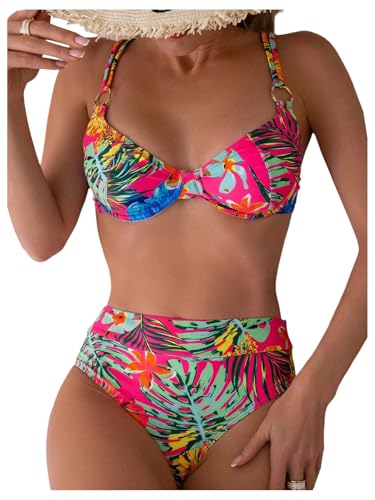 MakeMeChic Women's 2 Piece Floral Bikini Set Ring Linked Underwire High Waist Bathing Suit Swimsuit