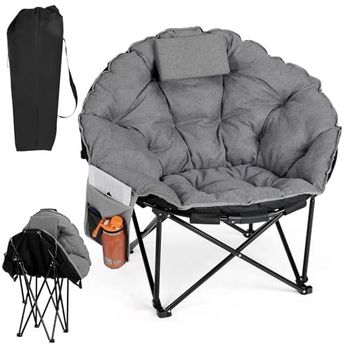 LIFERUN Camping Chair 95×83×93cm Folding Moon Chair with Cotton Padded Seat Headrest Cup Holder Non-slip Feet Storage Bag & Support 150KG Oversized Portable for Garden/Fishing/Beach/Indoor