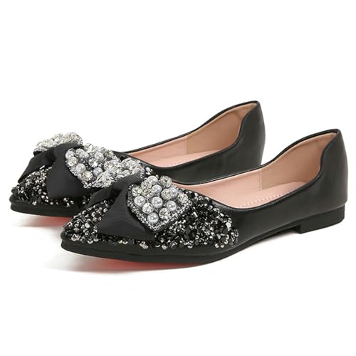 Women's Pointed Toe Rhinestone Bow Flats Comfortable Soft Slip on Low Heel Wedding Dress Shoes Sparkly Ballet Flats2