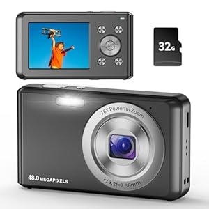 Digitalkamera,HD 1080P Fotokamera Kompaktkamera mit 32GB Karte, 48MP Fotoapparat 2,4 “ LCD 16X Digital Zoom Digital Kamera für Teenager, Anfänger(Schwarz)