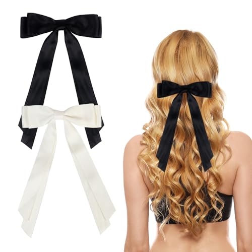 2 Stück Haarschleife Damen, Haarspangen mit Schleife, Schleife Haare Mädchen Haarschmuck Hair Bows für Party, Weihnachten, Frauen, Mädchen(Schwarz, Beige)