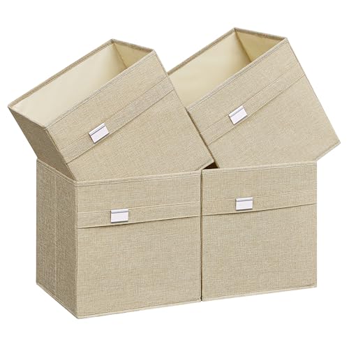 SONGMICS Cajas Almacenaje, Juego de 4 Cubos de Almacenaje, 30 x 30 x 30 cm, 2 Asas, Plegables, Tejido Oxford y Tejido Aspecto Lino, Lavables, Portaetiquetas Metálicos, Beige Arena ROB230Y04