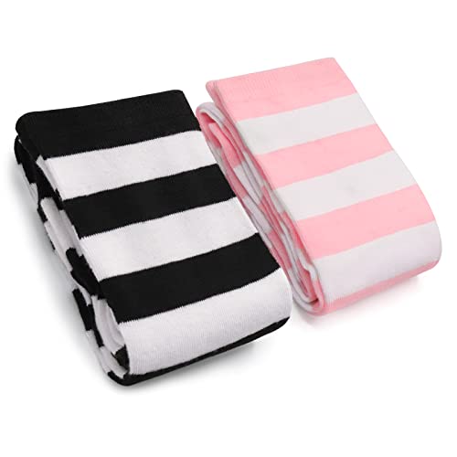 Littleforbig Cute Knee High School Girl Long Striped Socks 2 Pairs - Pink and Black4