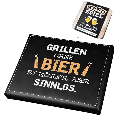 CULT at home Bierkasten Aufsatz Grillen ohne Bier – Gartenhocker Bierkastensitz inkl Bierdeckel Memospiel - Sitzauflage Bierkiste Getränkekiste - Hocker für Balkon Camping 44x34 cm Geschenk Vatertag