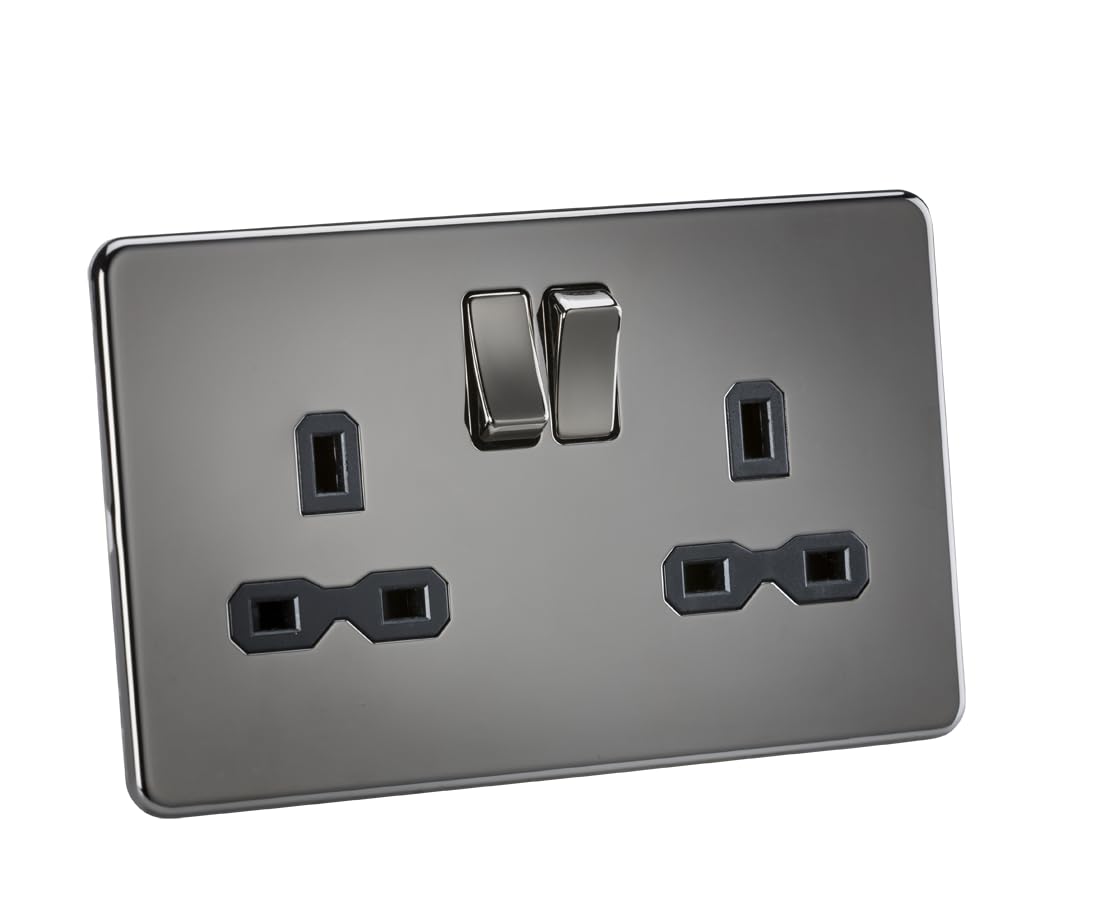 Knightsbridge Black Nickel Sfr9000bn Twin Screwless 13A 2G Dp Switched Socket Nickel With Black Insert, 230 V