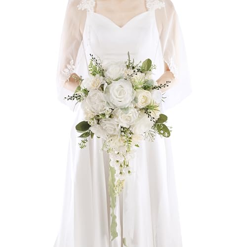 Floinla 12 Inch Cascade Wedding Bouquets for Bride Ivory & Champagne