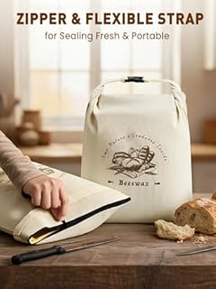 Weenkler Beeswax Bread Bag 2 Pack Reusable Linen Storage Bags with Zipper and Straps for Homemade Sourdough Loaf Breads 30 x 40 cm