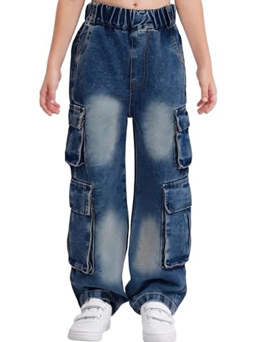 Hularka Kids Girls Wide Leg Cargo Jeans Elastic Waist Denim Pants Streetwear Casual Trousers with Flap Pockets