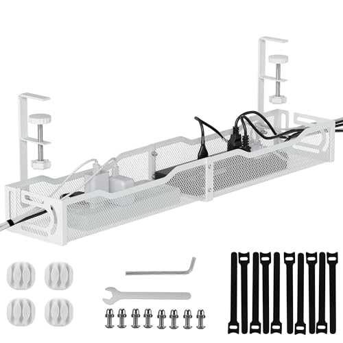 Under Desk Cable Management, Cable Management No Drill, 25'' Metal Cable Tray with Clamp for Standing Desk, Home Office, (White)
