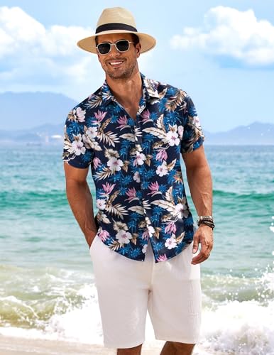 Image of COOFANDY Men's Linen Shirts Short Sleeve Casual Shirts Button Down Shirt for Men Beach Summer Wedding Shirt