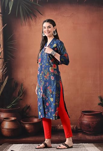 Image of Ichaa Women's Pure Cotton A-Line Ethnic V-Neck Kurta with 3 /4th Sleeve for Daily and Office Wear, in Plus Sizes
