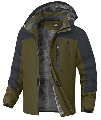 Image of Mens Winter Jackets Waterproof Warm Fleece Ski Jacket with Hood Thermal Windproof Coat Zip Pockets