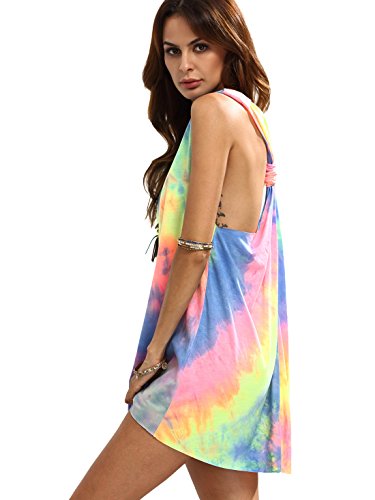 Romwe Women's Sleeveless V Neck Tie Dye Tunic Tops Casual Swing Tee Shirt Dress Multicolored L #TOP4