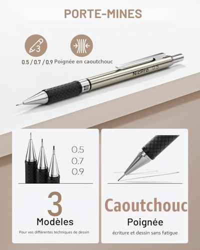 Nicpro 35 Pièces Porte-Mines Artistiques en Métal, Crayon Mécanique Criterium 0,5, 0,7, 0,9 mm et 3 Pièces Porte Mine 2 mm avec 20 tubes de Recharges(Couleurs 6B 4B 2B HB 2H 4H) pour Dessin D'esquisse – vue 2