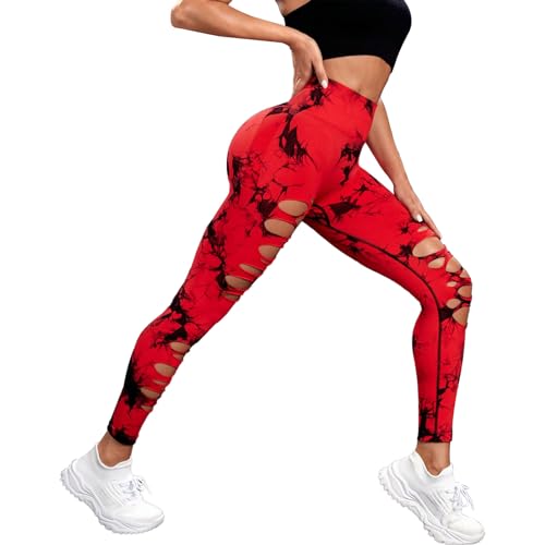 UONNOU Women's Tie Dye Cutout Tights High Waist Workout Yoga Leggings,Scrunch Butt Lifting Elastic Pants,2 Pack3