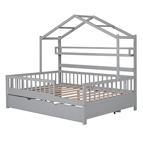 Deinppa Full House Bed With Trundle, Kids Bed With Shelf And Fence Guardrails, Wood Bed Frame, Decorative Roof Designs, No Box Spring Needed, For Boys Girls Toddler Kids-Grey #TOP6