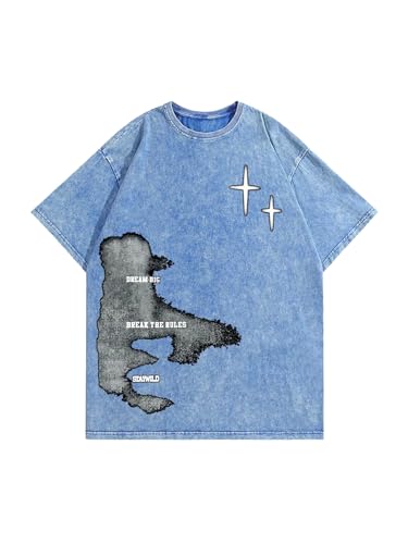 Verdusa Men's Letter Graphic Drop Shoulder T Shirts Casual Round Neck Tee Top Blue Medium