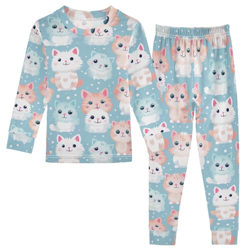 ALAZA Cute Kitten Cartoon Cat Pajama Set Pijamas Para Niños Long Sleeve Sleepwear