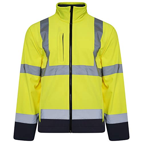 Image of Shop Online Hi-Viz High Visibility Softshell Jacket Light Weight Fleece Lining Drawstring Hem Multi Zip Pockets Two-Tone Coat (Yellow/Navy, M)