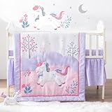 Bertte 4 Piece Crib Bedding Set for Boys Girls, Nursery Bedding Standard Size Soft Baby Bedding Crib Set Including Cartoon Quilt, Crib Skirt, Fitted Crib Sheet and Plush Toy (Unicorn)