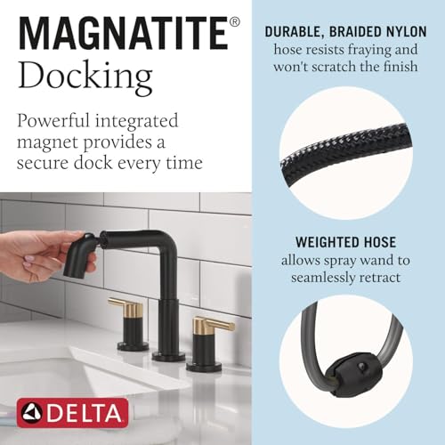 Image of Delta Nicoli Matte Black /Brushed Gold Bathroom Faucet with Sprayer, 8 Inch 3 Hole Widespread Bathroom Sink Faucet with Pull Out Sprayer, Push-Pop Drain, Matte Black /Champagne Bronze 35849LF-GZPD