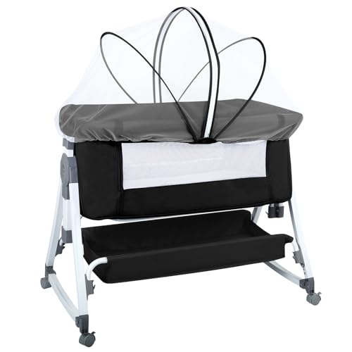 Cuna Cododo para bebé 3 en 1, cuna Cododo con colchón y mosquitera, capacidad de carga 50 kg, compacta en 3 segundos, fácil de transportar, 80 x 40 x 100 – 116 cm (6 velocidades) – Negro)