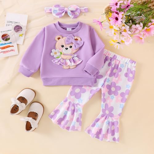 Baby Girl Clothes Fall Winter Long Sleeve Bear Cartoon Sweatshirt Flare Pants Bow Headband Set 6 Months-4 Years Old2