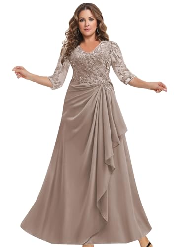 MAGGCIF Lace Mother of The Bride Dresses with 3/4 Sleeves Chiffon Ruffle Beaded Long Evening Formal Wedding Guest Dress