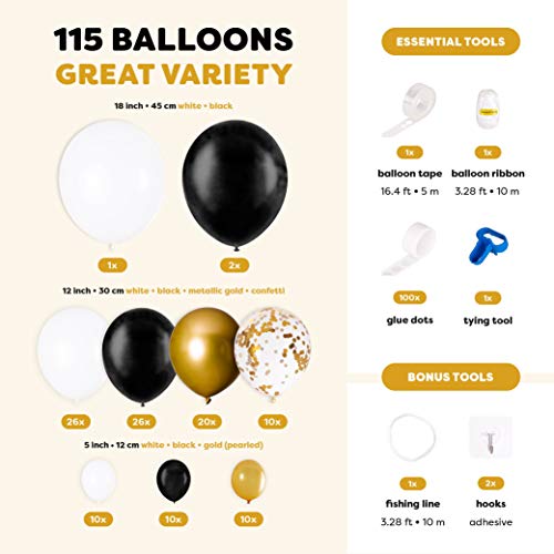 Ballonnenboog Set | Zwart, Goud & Wit Feest Decoratie Set | 115 Ballonnen met ballonnenstrip, knoper en -lijm | Voor… - Image 3