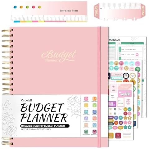 Ospelelf Budget Planner 2025, Spiral Budget Planner And Monthly Bill Organizer With Stickers, 8.5 X 11" Financial Planner Expense Tracker, Undated Budget Book With 12 Pockets (Pink) Cover