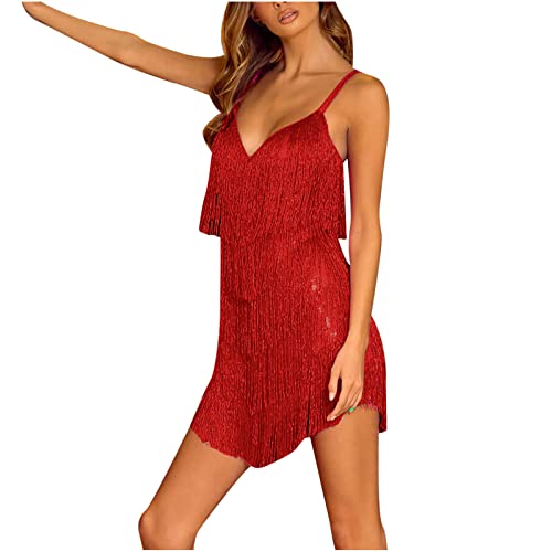 XUNRYAN Womens Fringe Sequin Dress Sparkly 1920S Sexy Mini Tassel Tank Dresses Formal Prom Cocktail Evening Party Concert Red