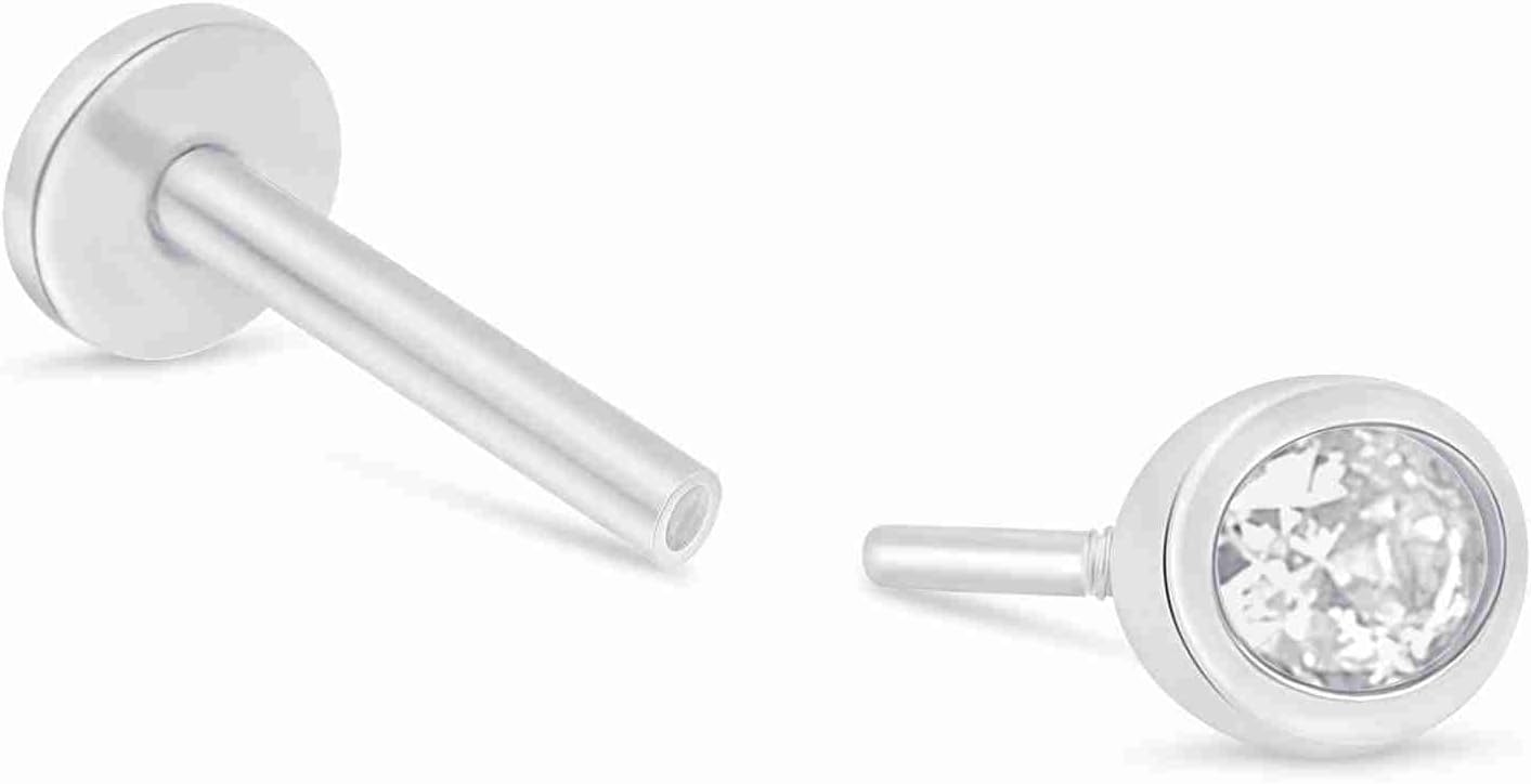 14K Solid Gold Oval Cubic Zirconia Flat Back Stud Earring for Women Cartilage Piercings Threaded Tragus Helix Piercing Jewelry Sensitive Ears Nose Ring Earring for for Upper Ear Small SINGLE STUD/PAIR