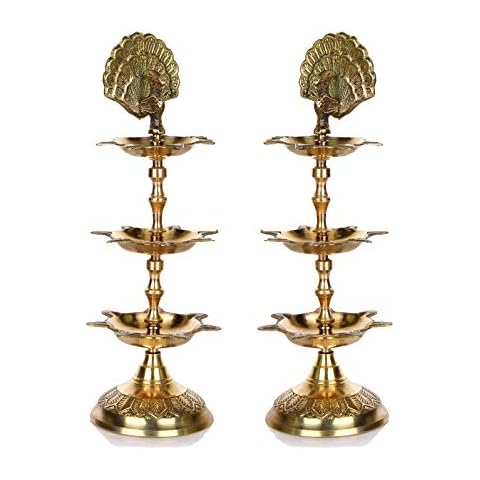 Hashcart Brass PanchMahal Standing Deepak [8.5 inch] - Traditional Handmade Pooja Deepam, Oil Lamp Kutthu Vilakku Samai Diya | Engraved 3 in 1 Adjustable Deepak with [2 pc] | Indian Gift Item Cover