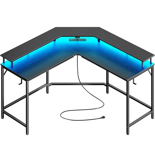 Huuger L Shaped Gaming Desk with Power Outlets & LED Lights, Computer Desk with Monitor Shelves, Home Office Desk, Corner Gaming Desk with Hooks, Black