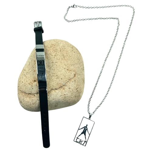 BENIFILE CR7 Football Star Bracelet Pendant Necklace Set, Adjustable Stainless Steel Necklace Silicone Football Bracelet for Men, Champions League Jewelry Gift for Football Fans, Silver, BEN-CR7
