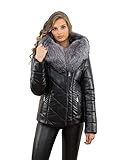 Füllung: Kamelhaar Eco Lederjacke Wintermantel Jacke mit Silberfuchs Pelzkragen Farbe schwarz (42)