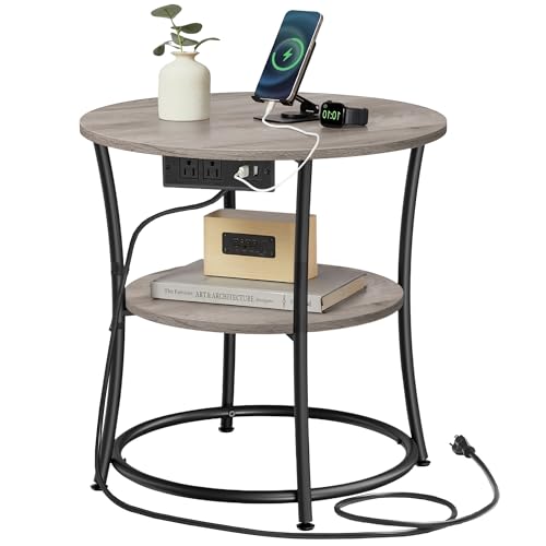 VASAGLE Side Table, 2-Tier Round End Table with Power Outlets, Nightstand with Steel Frame for Small Spaces, Living Room, Bedroom, Heather Greige and Ink Black ULET077L01 Heather Greige + In